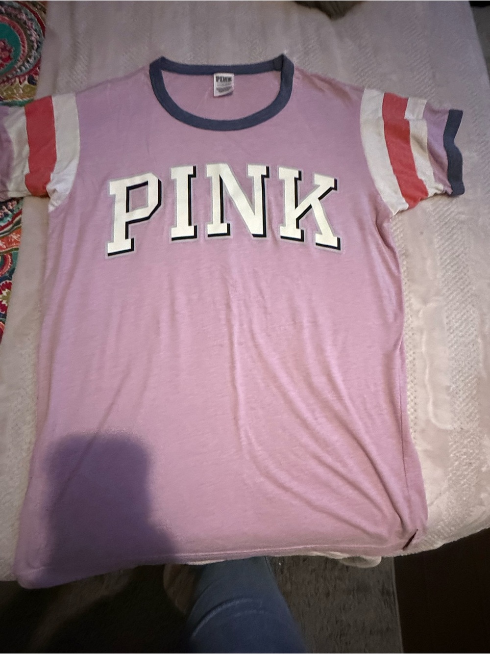PINK Victoria's Secret Lavender Ringer Tee with Stripe Sleeves